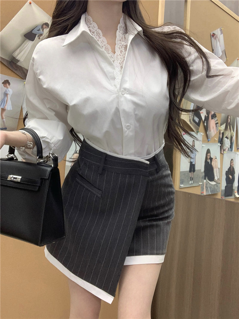 💕氣質翻領蕾絲花邊長袖襯衫不規則半身裙兩件套