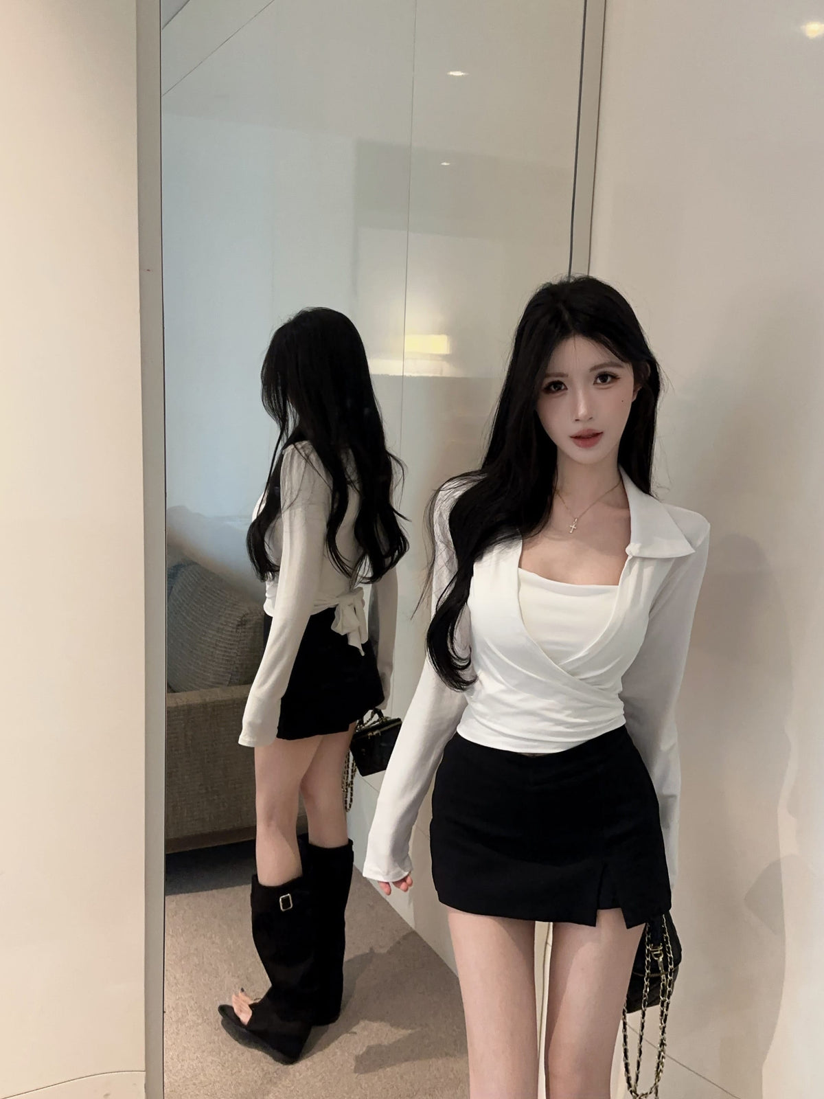 💕綁帶胸墊長袖翻領開衫吊帶兩件套