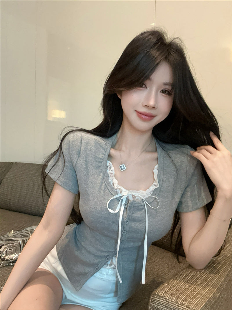 💕高級感假兩件短袖拼接蕾絲上衣