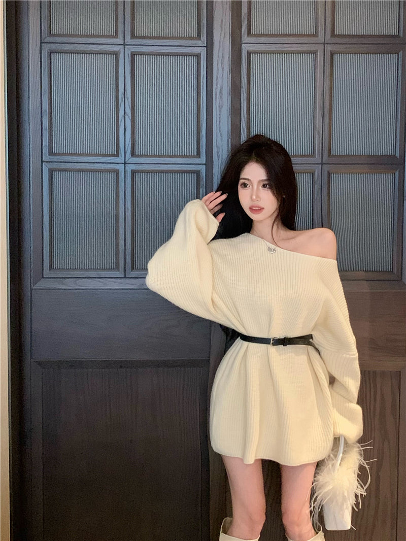 💕氣質甜美露肩針織寬鬆配腰帶連衣裙