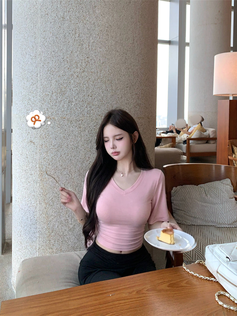 💕慵懶風V領收腰顯瘦蝙蝠袖上衣&直筒褲套裝
