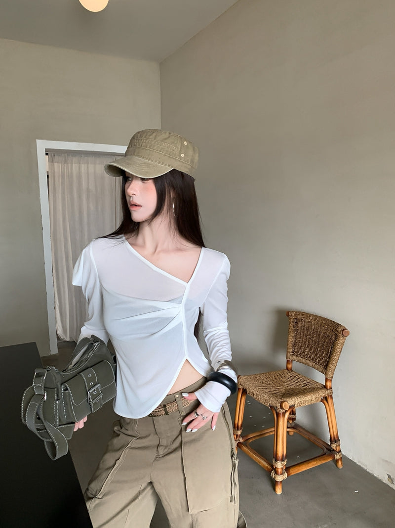 💕chic復古不規則斜領長袖短款不對襯上衣