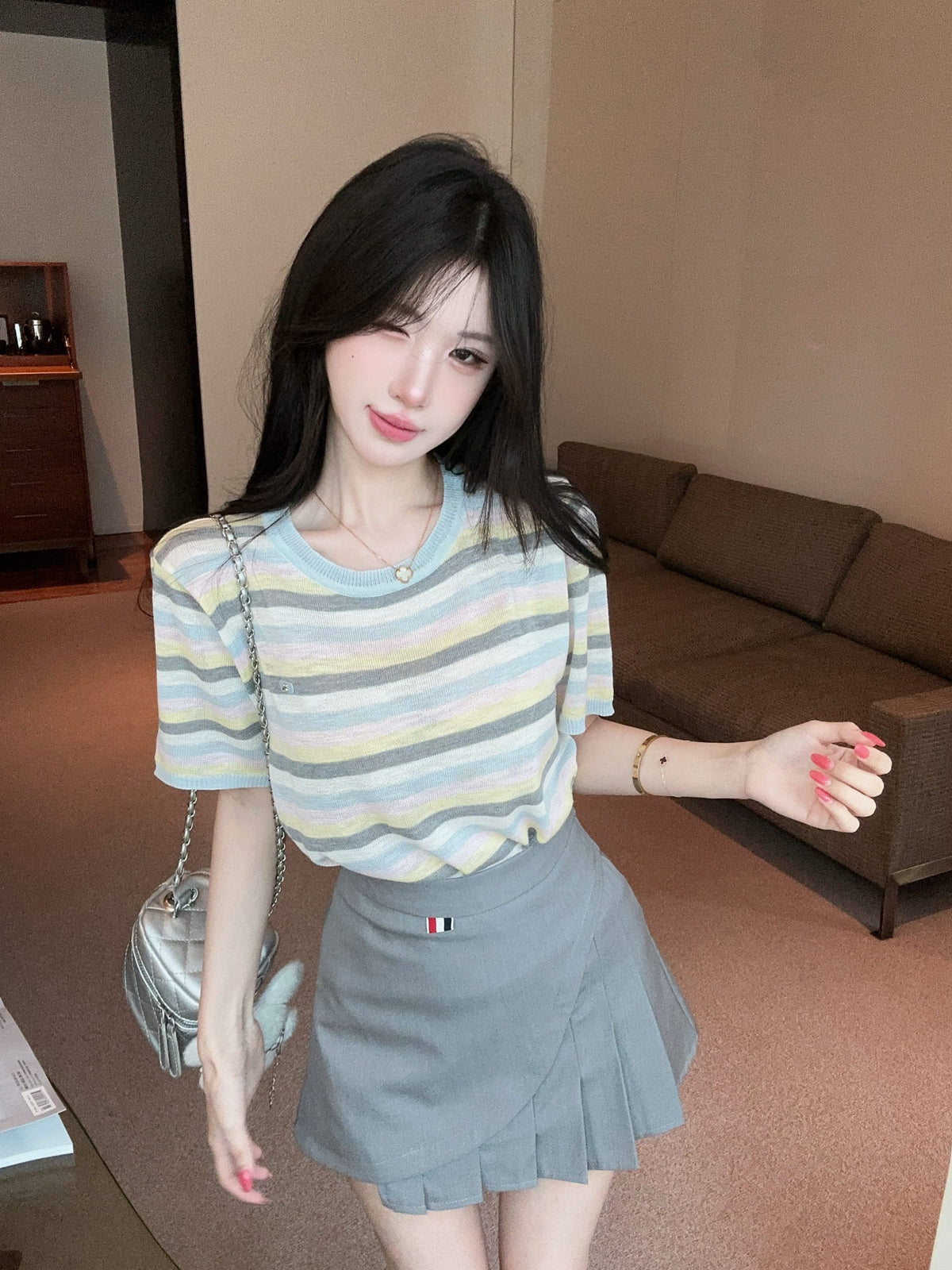 💕夏季清透感柔軟撞色條紋針織衫上衣