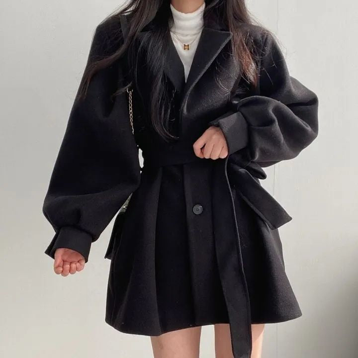 💕韓系chic秋冬赫本風毛呢風衣