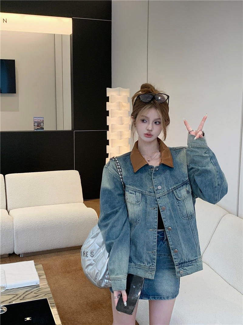 💕辣妹風牛仔外套配高腰牛仔短裙兩件套