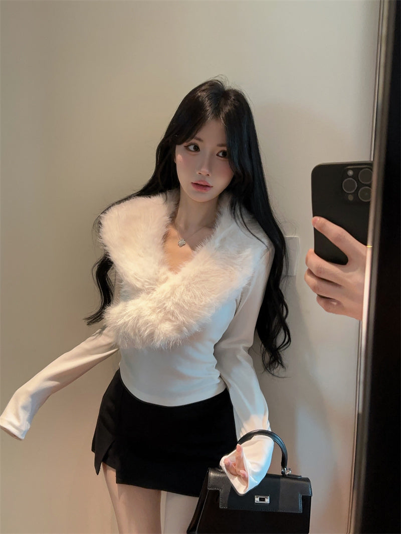 💕純欲辣妹毛領拼接V領長袖修身上衣