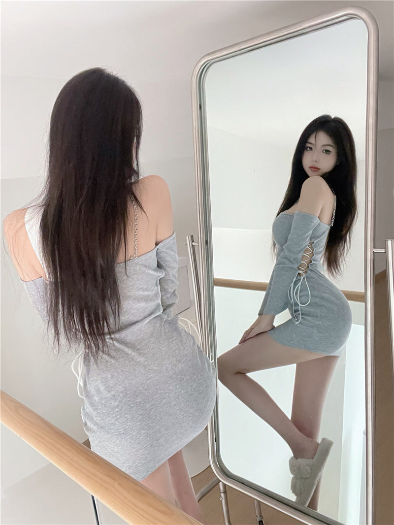 💕chic調皮性感鏤空綁帶露肩顯瘦連衣裙