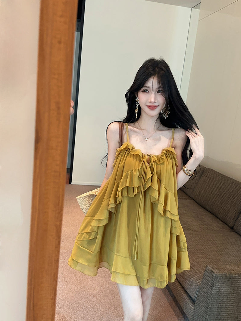 💕氣質重工吊帶荷葉邊不規則連衣裙