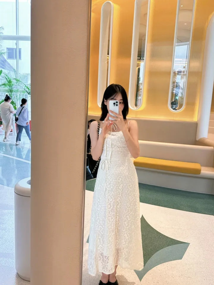 💕ihs系溫柔蕾絲性感露背鬆緊系帶收腰吊帶長裙