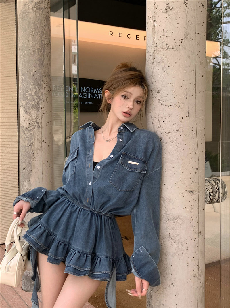 💕辣妹不規則飄帶牛仔長袖蛋糕短裙