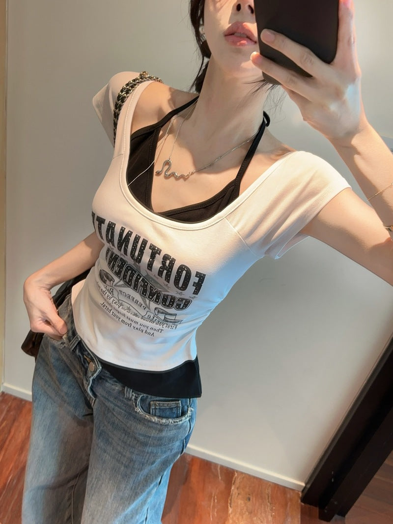 💕夏季新款小心機掛脖假兩件上衣