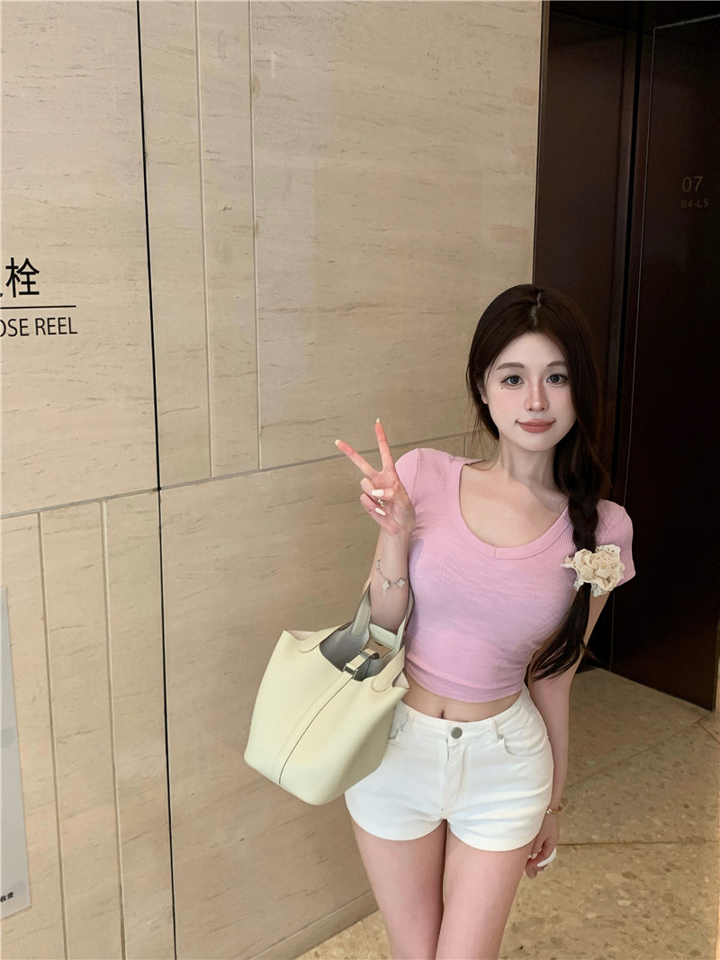 💕韓系簡約顯胸大彈力修身短袖T袖