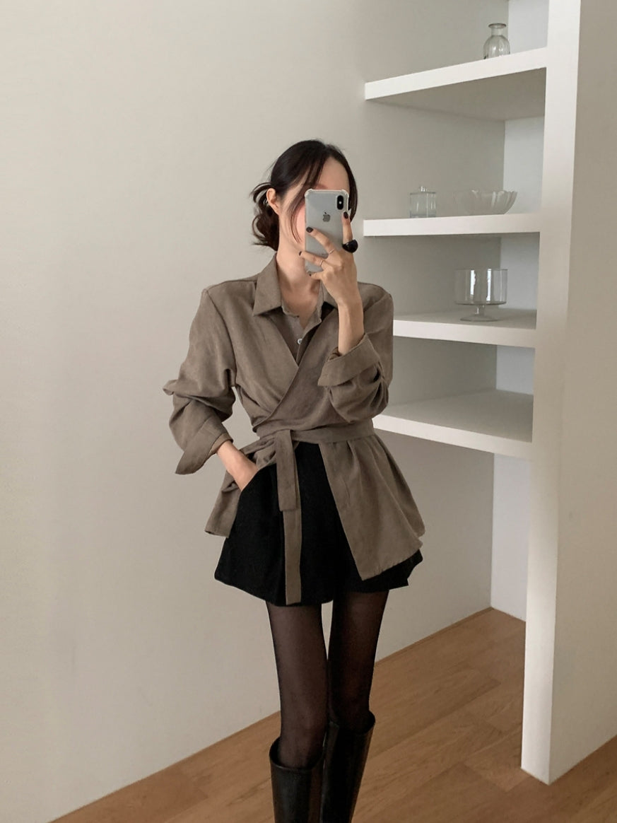 💕韓系秋冬交叉綁帶假兩件百搭襯衫上衣