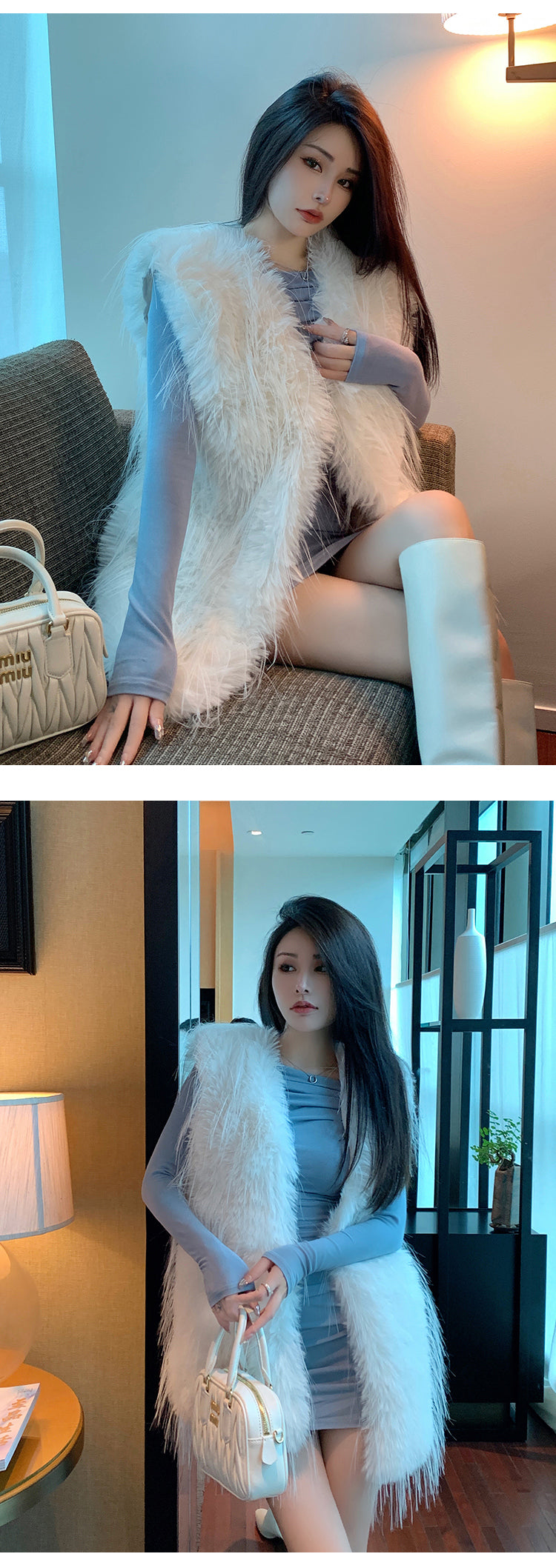 💕韓系流星雨仿狐狸毛皮草中長馬甲外套