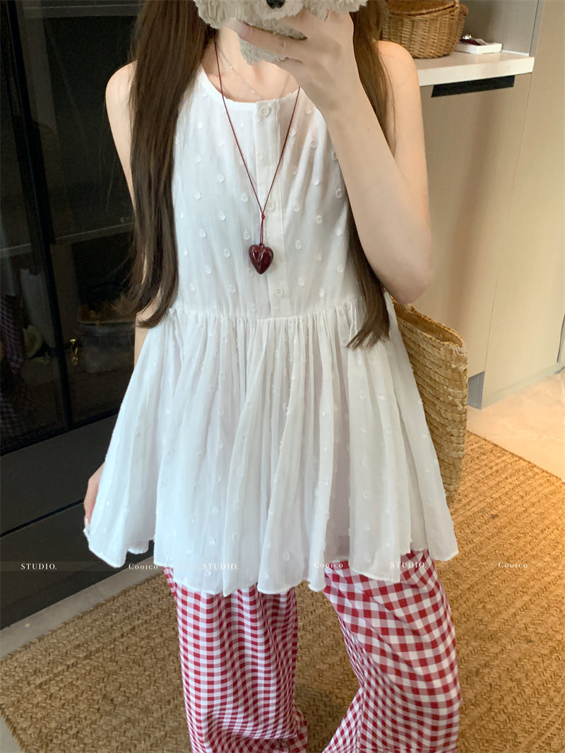 💕溫柔無袖印花蓬蓬背心襯衫