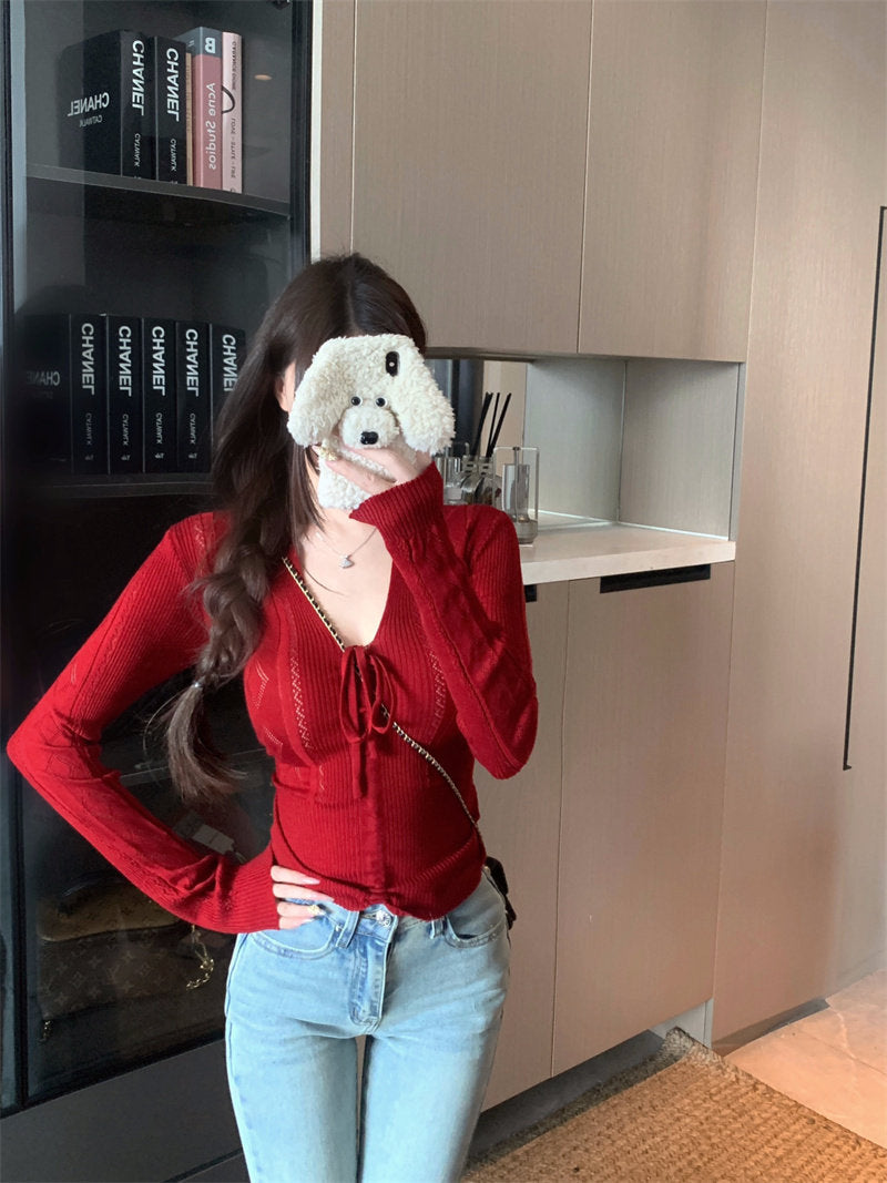 💕百搭簡約蝴蝶結系帶V領長袖針織顯瘦上衣