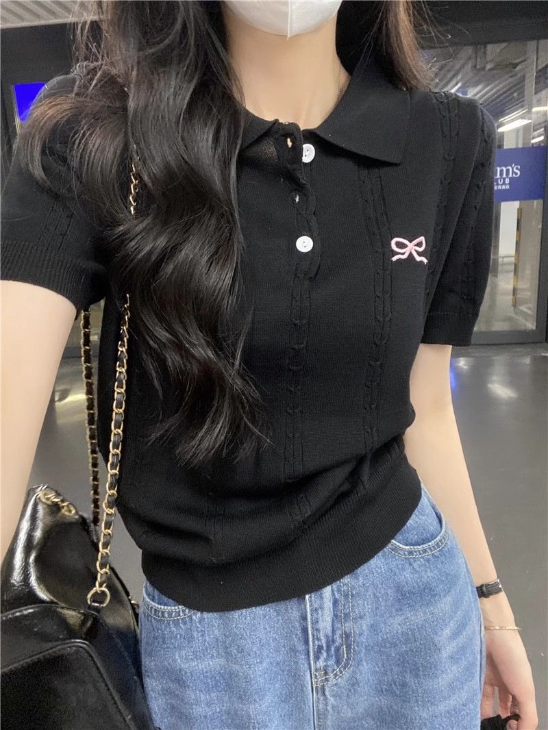 💕百搭甜美POLO領蝴蝶結刺繡針織衫