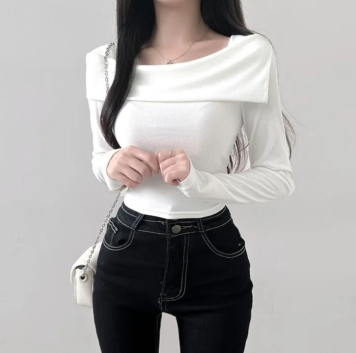 💕chic秋季長袖打底小心機露鎖骨上衣