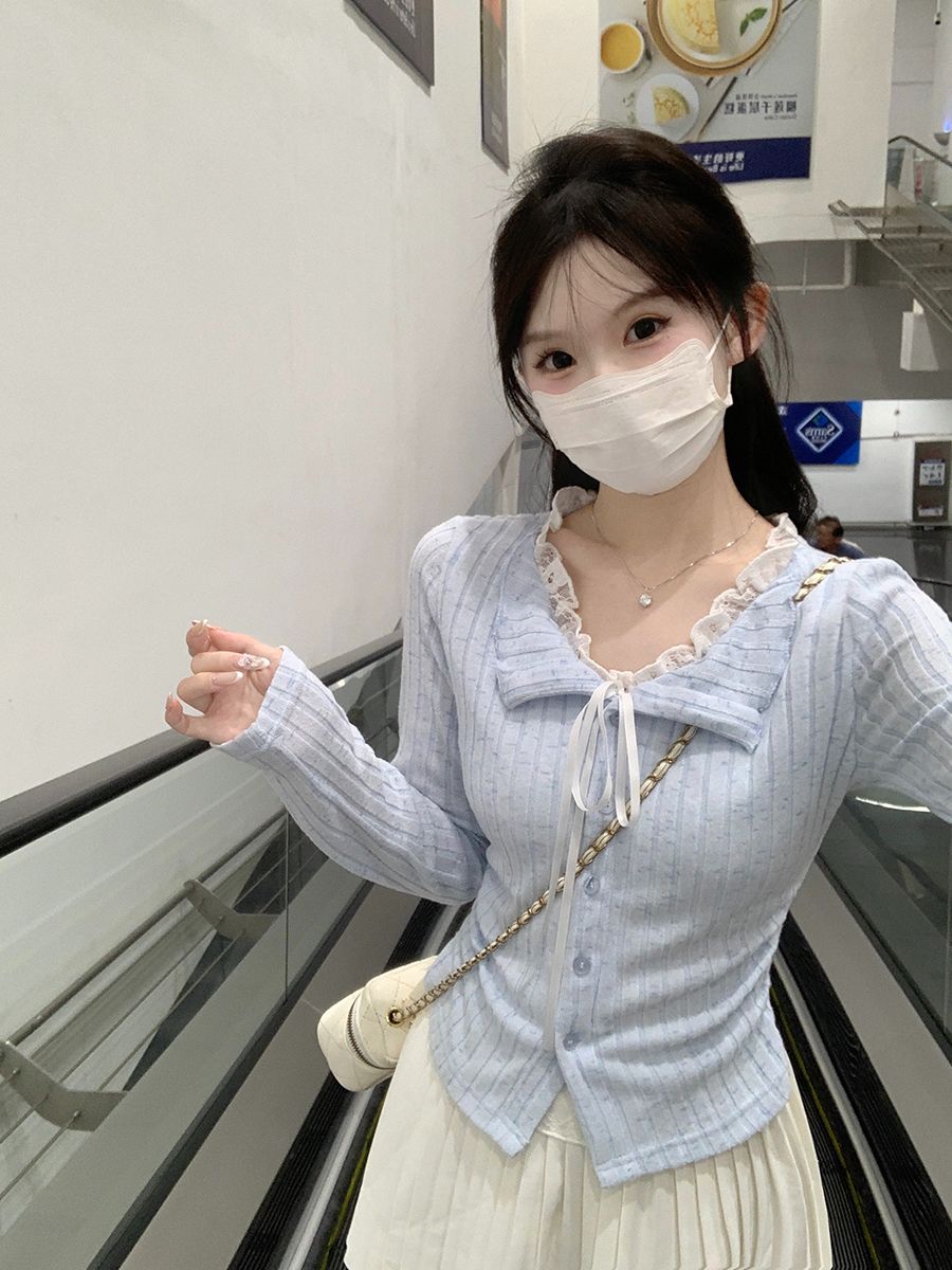 💕溫柔雪花條磨毛純欲藍色蕾絲假兩件上衣