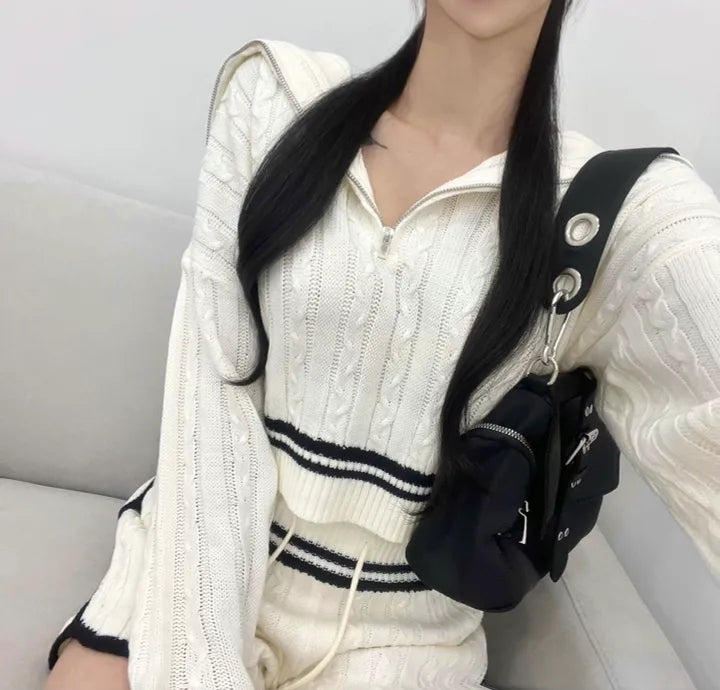💕chic韓系秋冬簡約翻領毛衣兩件套