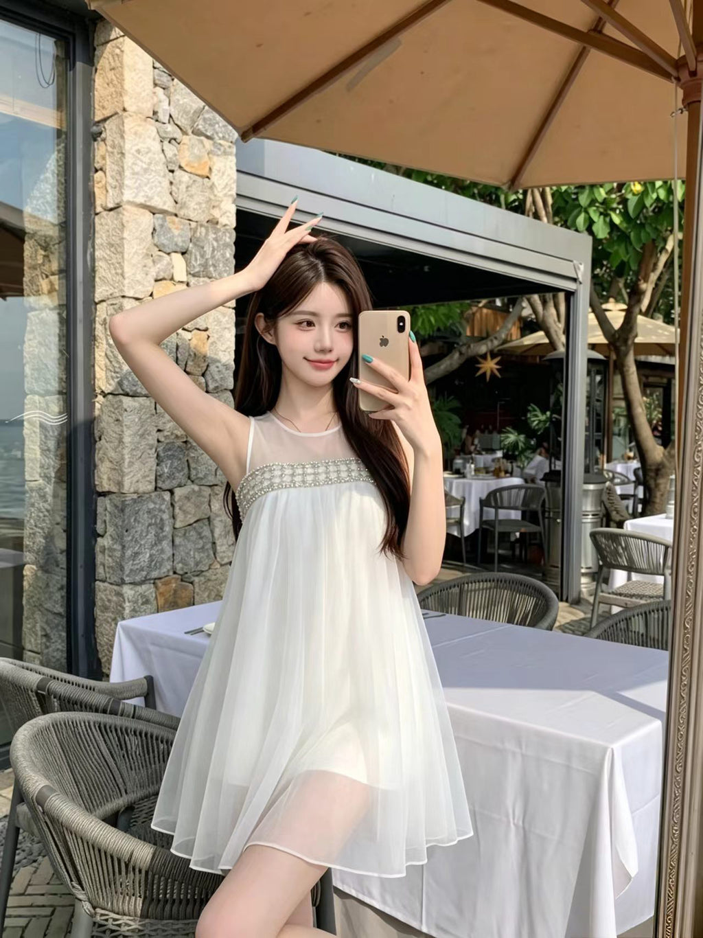 💕法式溫柔網紗無袖澎澎連衣裙