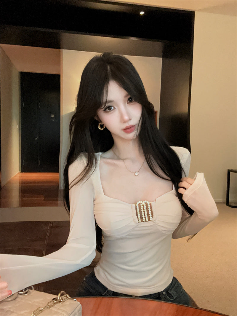 💕秋季性感純欲紗網金扣顯瘦上衣