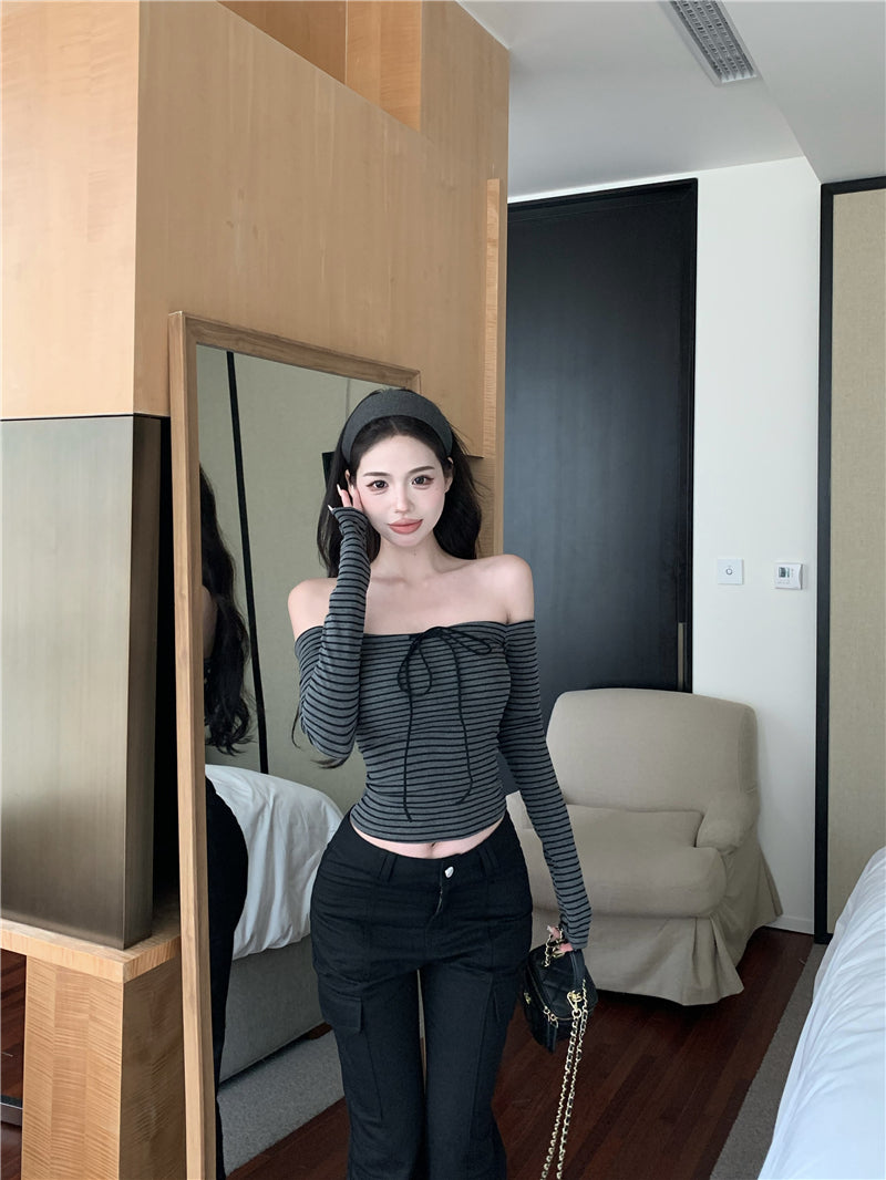 💕氣質設計感一字肩條紋綁帶露肩修身上衣