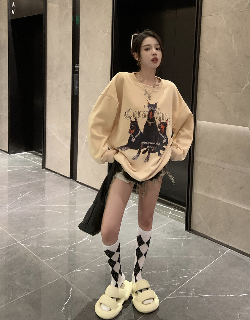 💕美式帥氣杜賓犬印花寬鬆中長衛衣