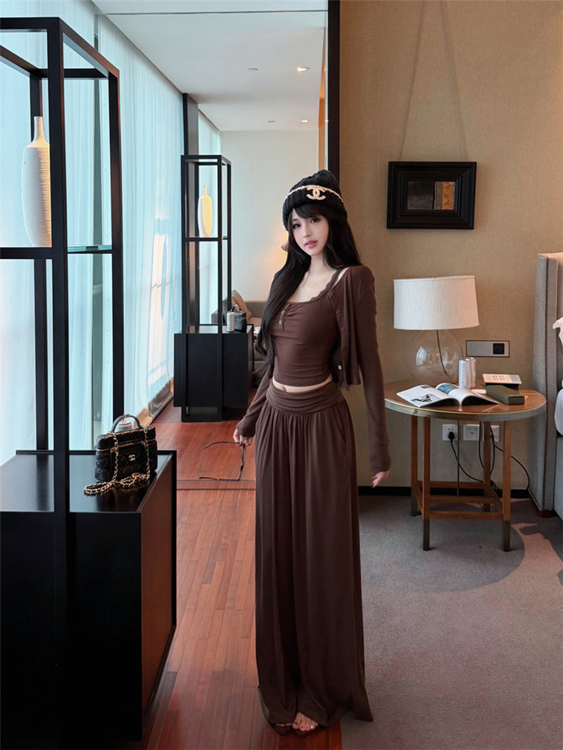 💕秋季復古性感蕾絲掛脖吊帶闊腿長褲套裝