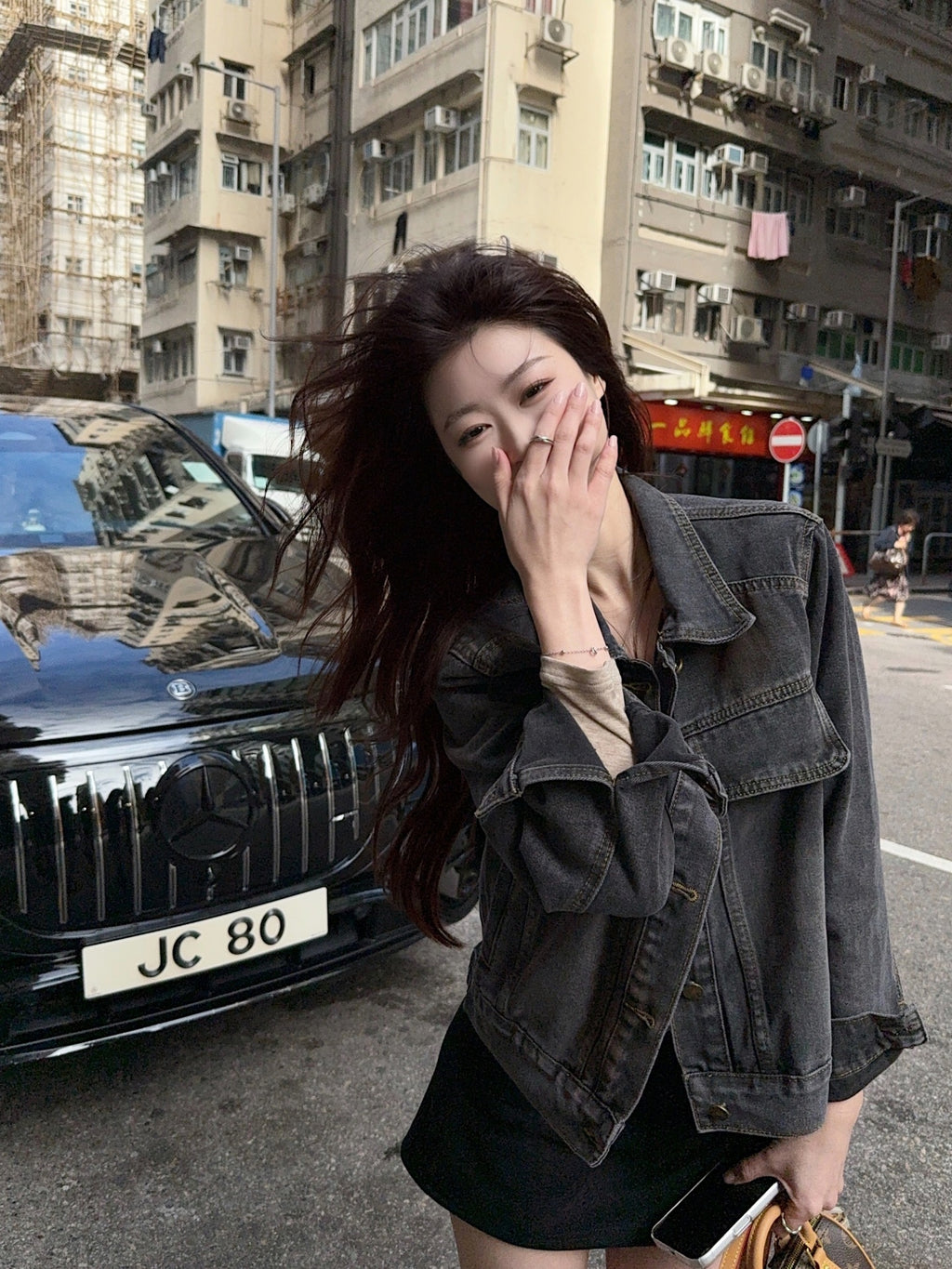 💕美式暈染水洗牛仔黑灰重工短外套