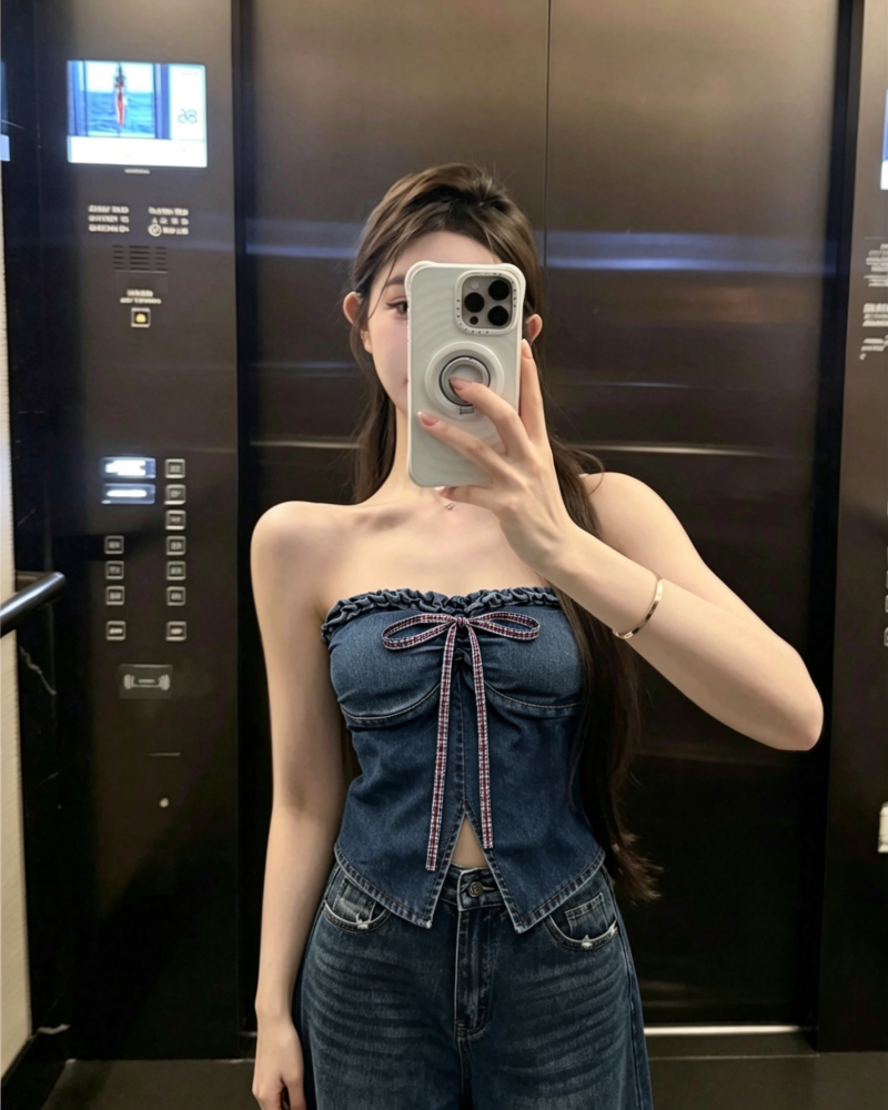 💕不規則蝴蝶結牛仔一字肩抹胸上衣