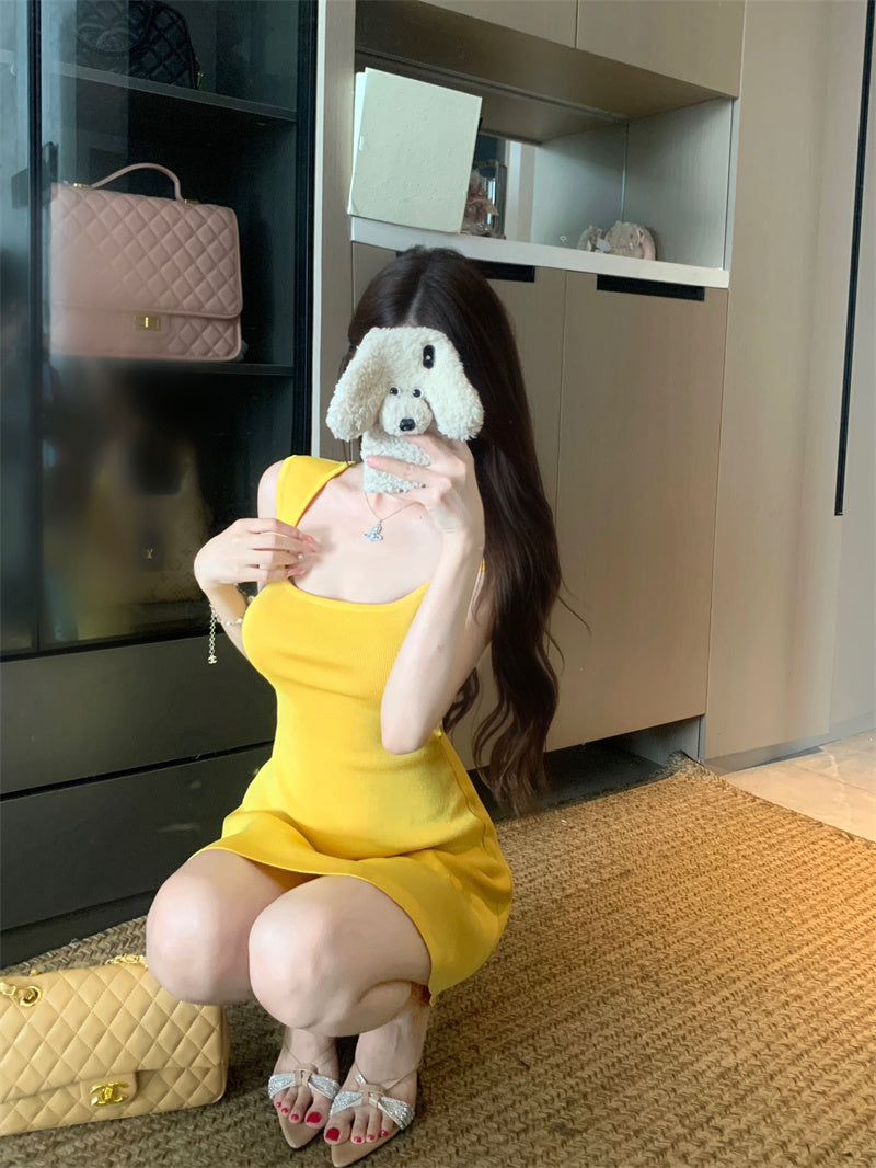 💕夏季法式方領針織連衣包臀短裙