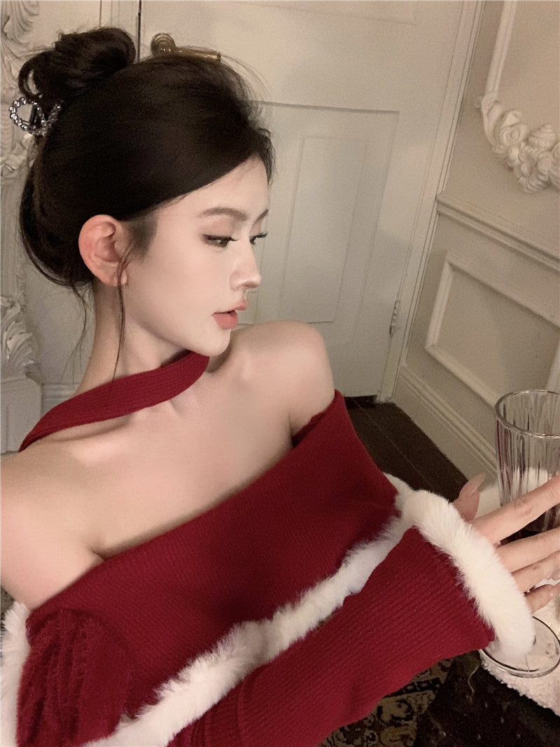 💕法式秋冬聖誕氣息掛脖毛邊包臀短裙
