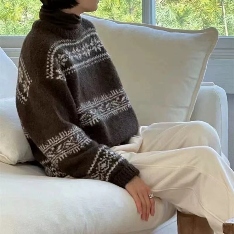 💕韓系圓領復古緹花拚色軟糯針織帶圍巾打底毛衣