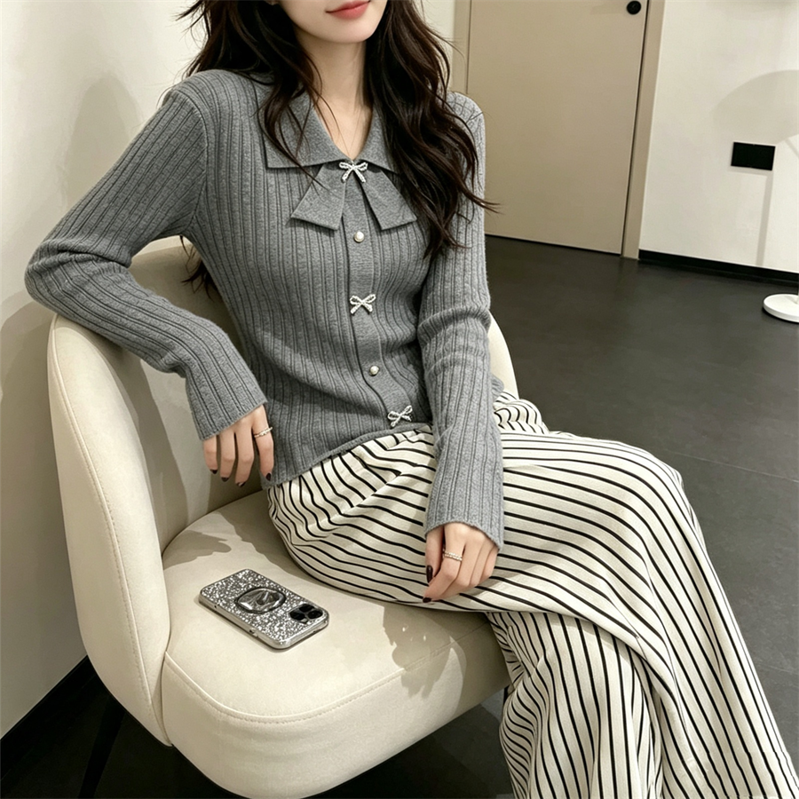 💕小香風蝴蝶結polo領長袖針織毛上衣