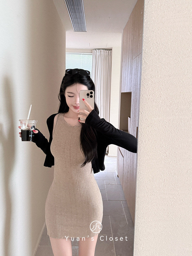 💕輕熟針織無袖緊身包臀短裙+短款外套兩件套