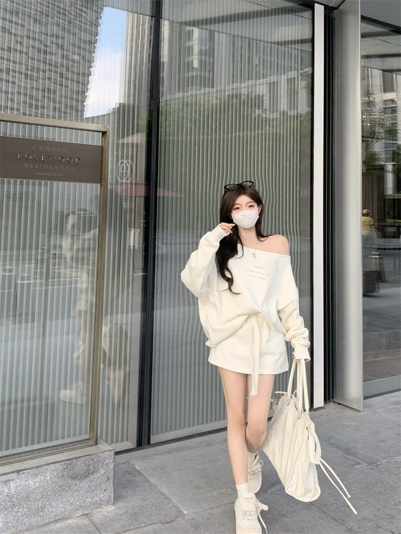💕休閒簡約百搭一字肩印花長袖衛衣套裝