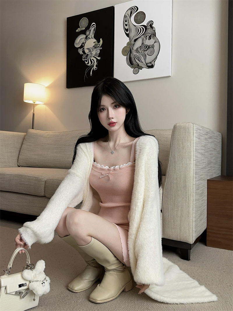 💕毛絨絨針織開衫純欲粉色吊帶裙兩件套