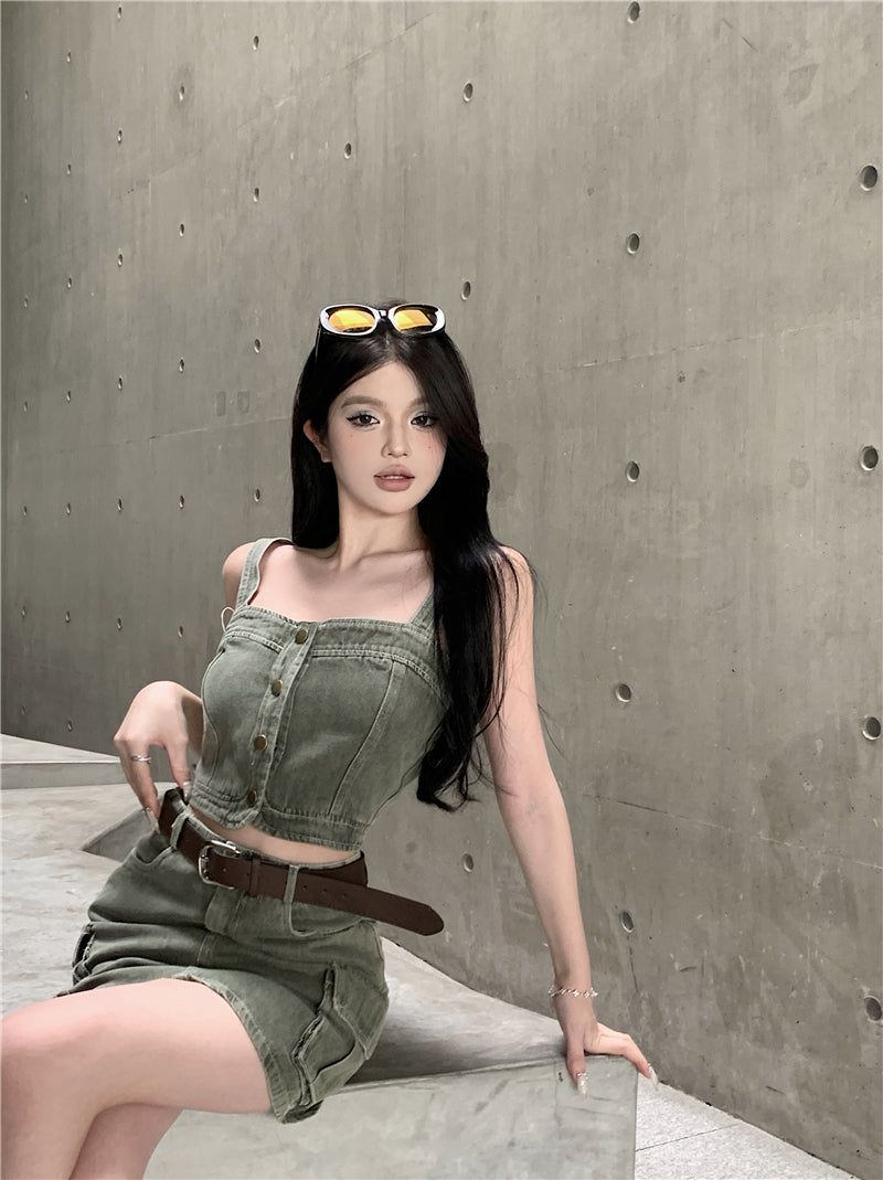 💕辣妹復古吊帶背心上衣配高腰半身裙牛仔套裝