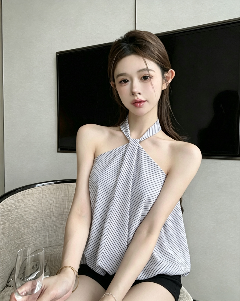 💕氣質掛脖黑白條紋抹胸花苞無袖上衣