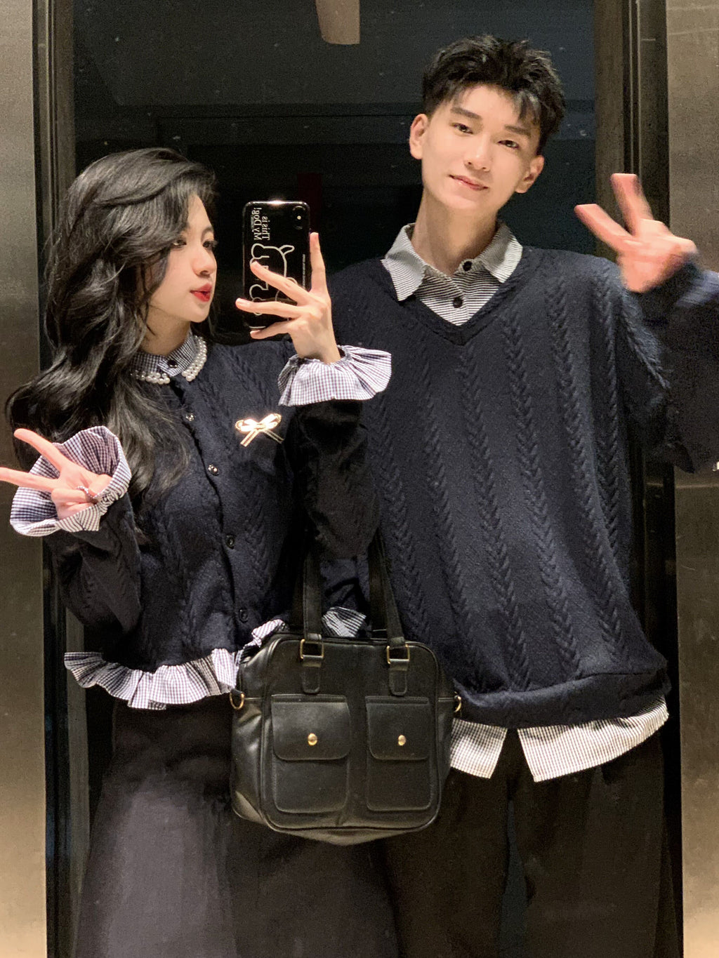 💕秋冬法式梨形長袖拼接假兩件情侶套裝