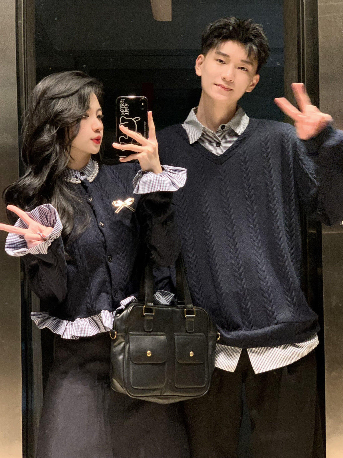 💕秋冬法式梨形長袖拼接假兩件情侶套裝