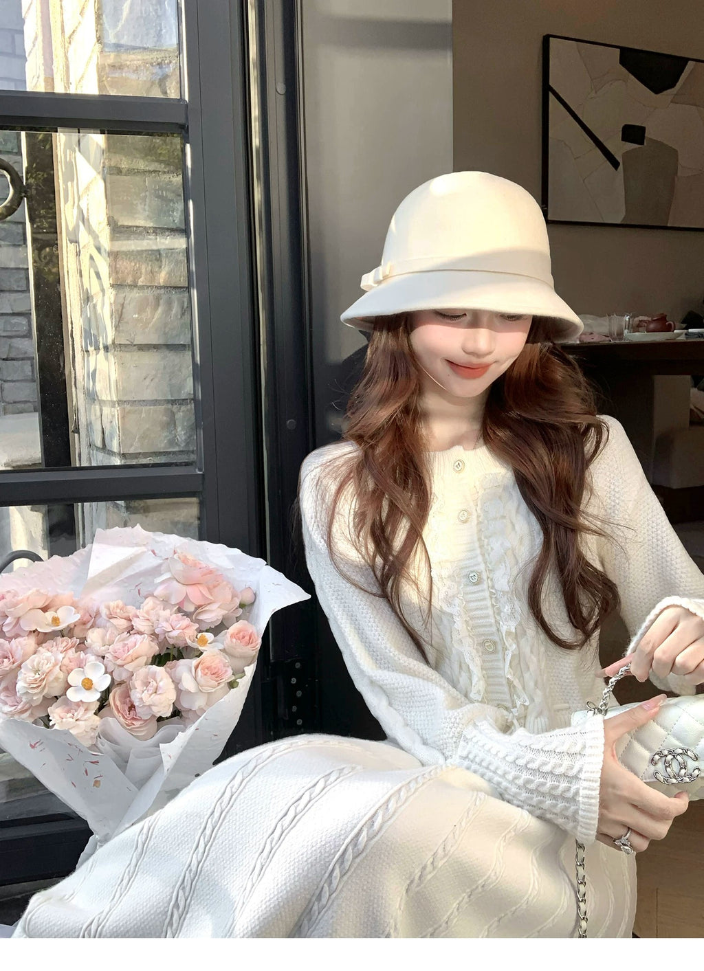 💕繁華勾花宮廷千金感花邊系帶毛衣外套