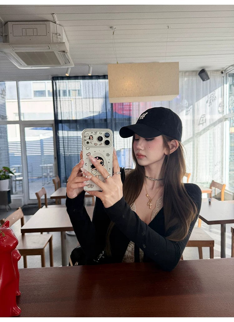 💕韓系辣妹V領長袖蕾絲拼接顯瘦上衣