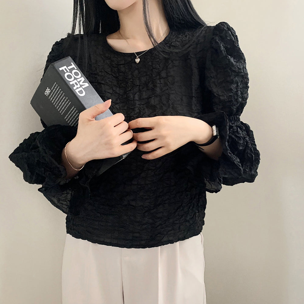 💕溫柔chic韓系泡泡皺褶圓領燈籠袖襯衫