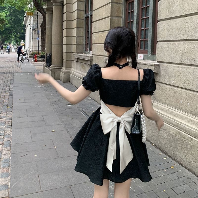 💕方領法式花邊露背蝴蝶結小個子澎澎短裙