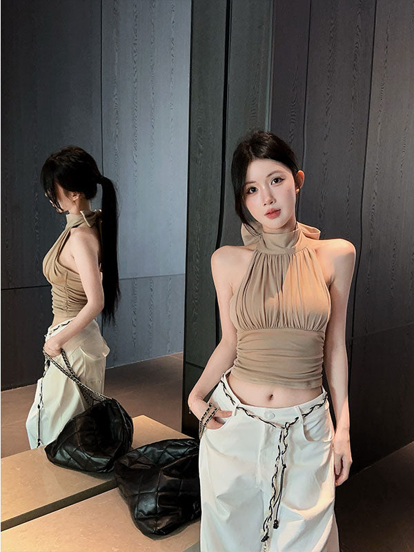 💕掛脖飄帶帶胸墊收腰無袖露肩上衣