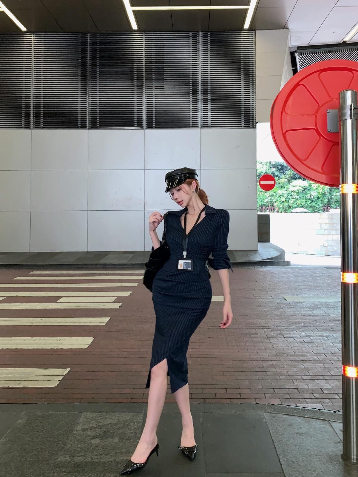 💕高級性感法式條紋V領長袖襯衫連衣裙
