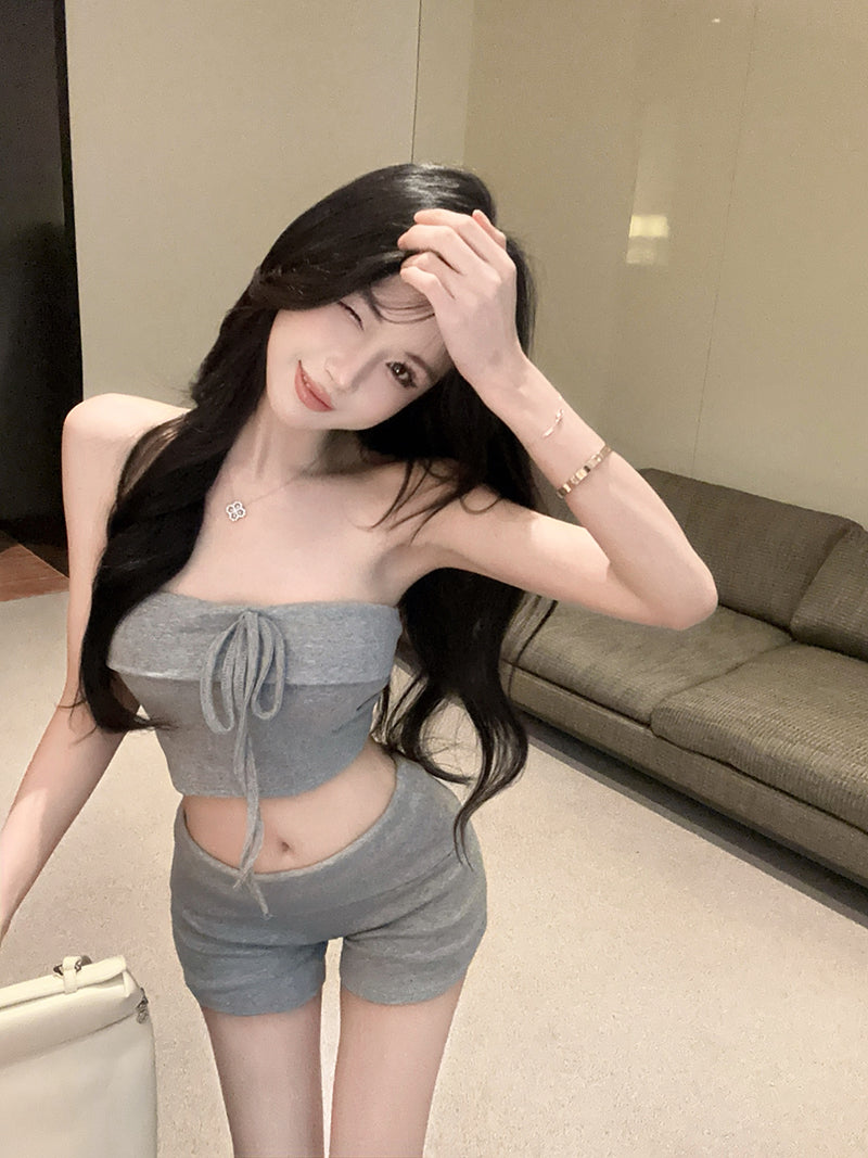 💕純欲修身短款抹胸上衣+運動短褲