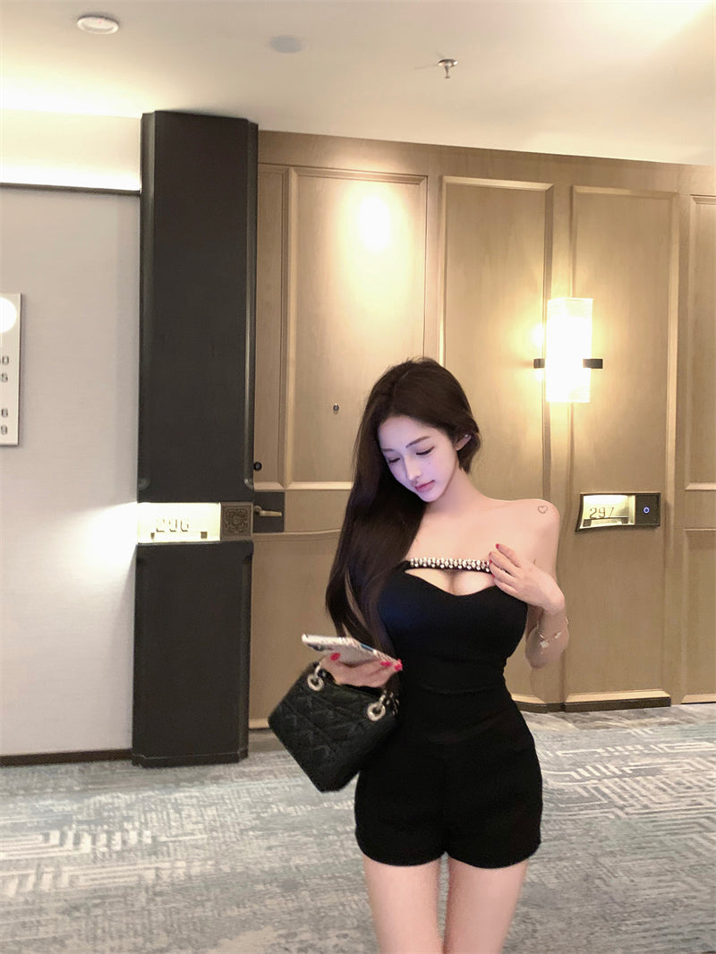 💕高級名媛風鑽鍊收腰顯瘦抹胸帶胸墊上衣